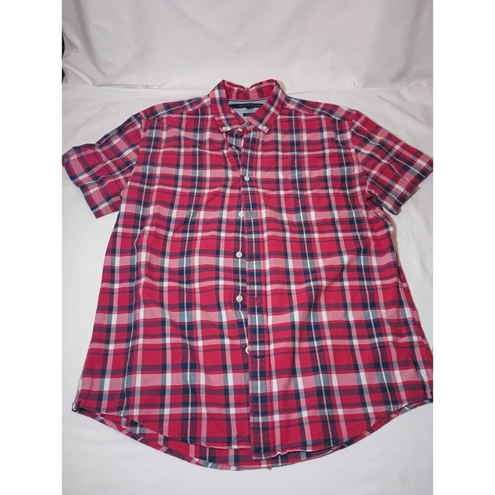 Tommy Hilfiger Shirt Mens XL Extra Large Red Check Button Up Short Sleeve Cotton